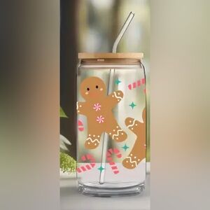 Gingerbread Man Glass Jar with Straw